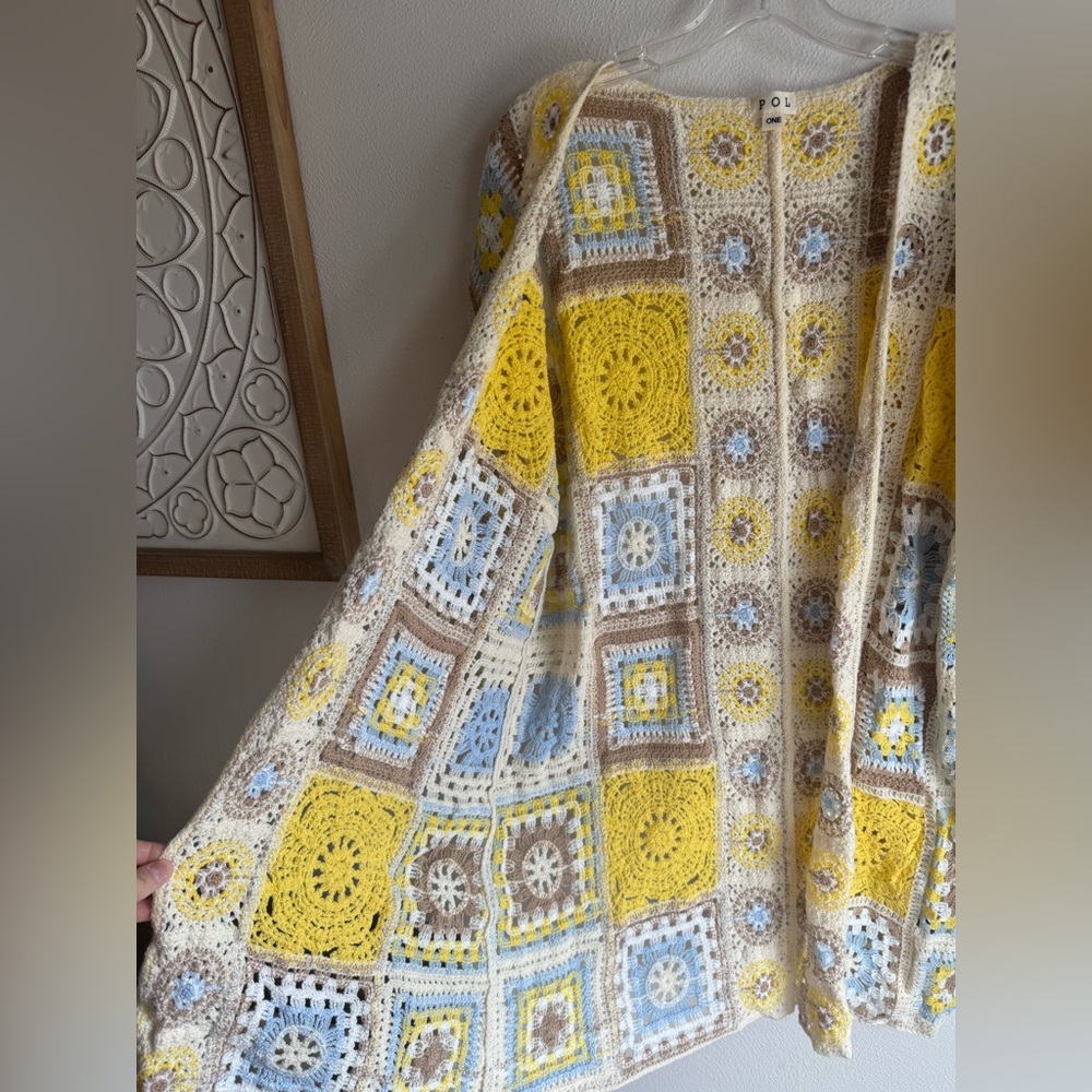 POL Crochet Patchwork Cardigan Sweater - Yellow, Cream & Baby Blue - Picture 7 of 10